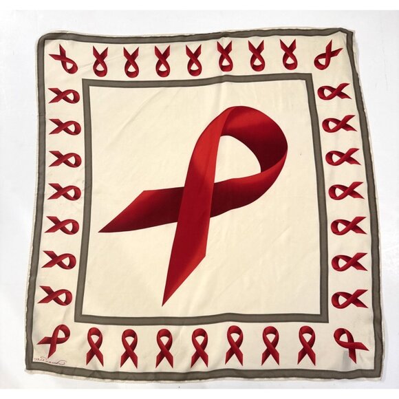 Oscar De La Renta Vintage 99% Silk Scarf Square AIDS Awareness Red Ribbon RARE - Picture 1 of 11